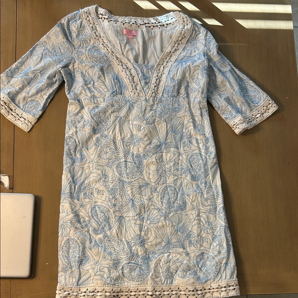 Lilly Pulitzer Blue and Cream Embroidered Midi Dress